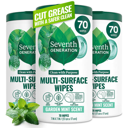 Seventh Generation Multi-Surface Wipes, 70 Count, Pack of 3, Garden Mint, Plant-Based Cleaning Wipes, No Harsh Fumes or Residue, Safe Around Kids