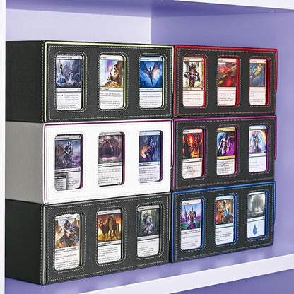 UAONO Card Storage Box for Trading Cards, 1800+ Commander Deck Box for MTG with Display Window, Toploader Card Case fits Magic TCG PTCG Sports Cards; 10 Removable Divider, 3 Stoppers (Black, Red)