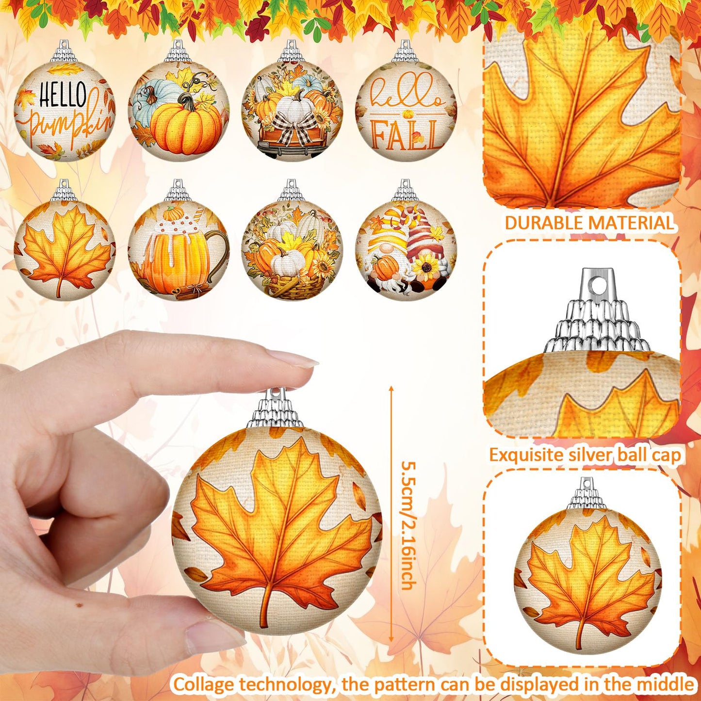 Outus 16 Pcs Thanksgiving Ornaments Ball for Tree Fall Autumn Ball Decorations Pumpkin Maple Leaf Hanging Ornament for Fall Harvest Autumn Home and Holiday Party Supplies
