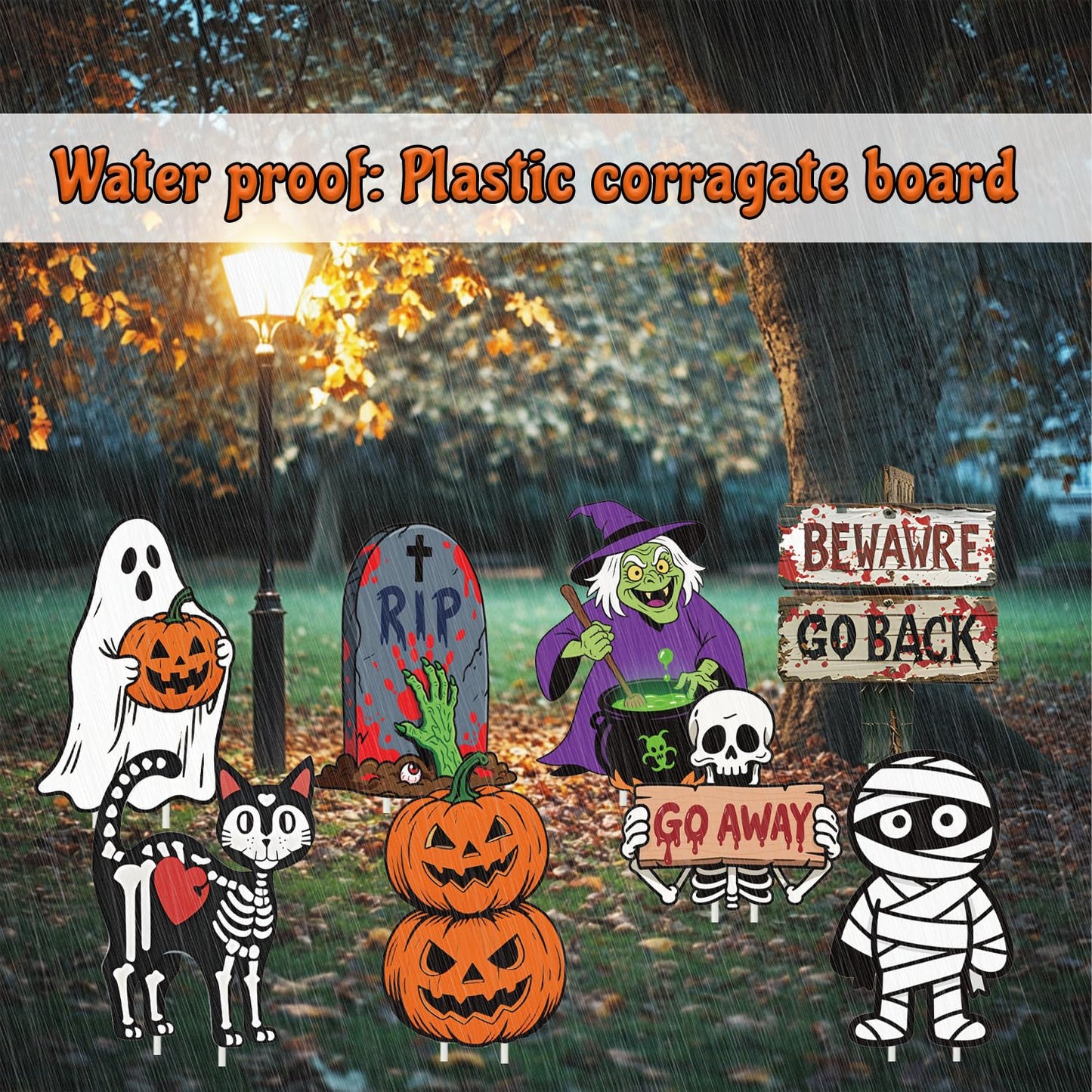 Halloween Yard Signs, 8 Pieces Halloween Lawn Sign Garden Decorations Outdoor with Stakes Witch Pumpkin, Black Cat, Skull, Mummy, Monster, Tombstone, Skeleton Garden Signs for Scary Halloween Party