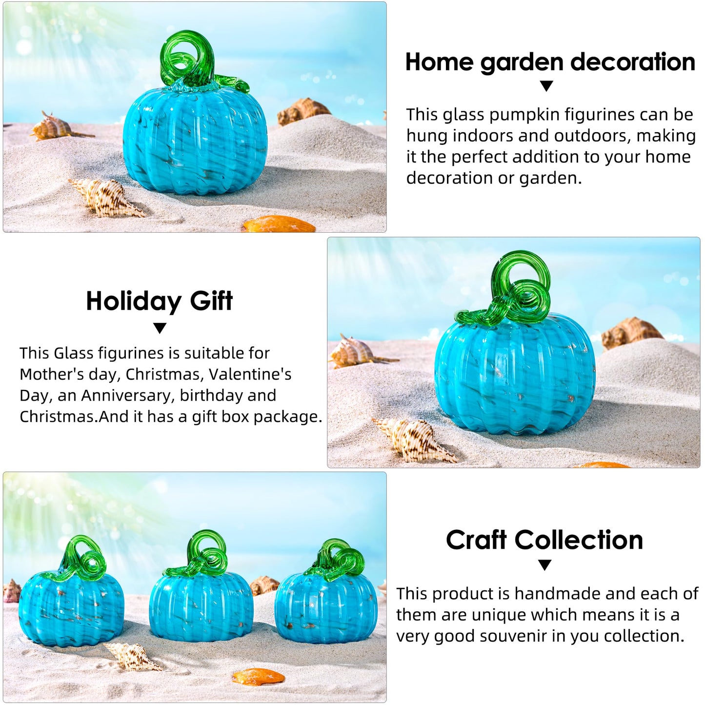 Hand Blown Art Glass Pumpkin Collectible Figurines, Glass Pumpkin Paperweight, Thanksgiving Halloween Gifts Decor, Home Decoration, Office Decoration. (Blue)