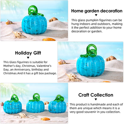 Hand Blown Art Glass Pumpkin Collectible Figurines, Glass Pumpkin Paperweight, Thanksgiving Halloween Gifts Decor, Home Decoration, Office Decoration. (Blue)