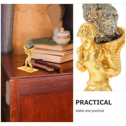 BESPORTBLE Mineral Cluster Ornament with Metal Miner Figurine and Back Basket, Irregular Raw Brass Ore Stone Craft for Home and Office Table Decoration