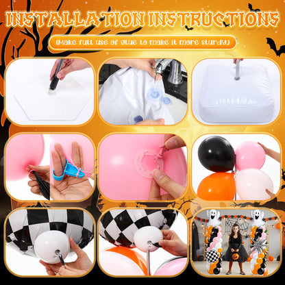 Kasyat 2 Sets Pink and Orange Halloween Balloon Arch Kit with Ghost Black White Checkered Round Ball Explosion Star Foil Balloon Orange Pink Black White Garland for Spooky Theme Party Decoration