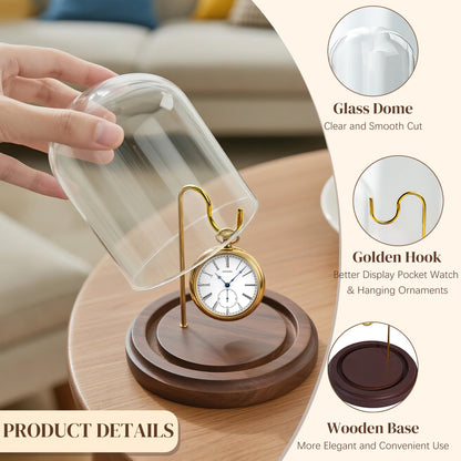 H&D HYALINE & DORA 3 x 4 Inch Clear Watch Glass Display Dome Cloche With Hook and Wooden Base, Bell Terrarium Jar for Watch Plants Medals Photos Collectibles