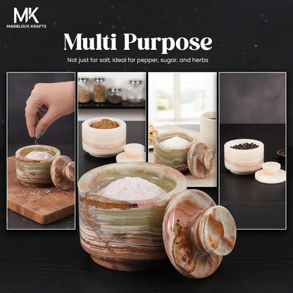 MARBLOUS KRAFTS Marble Salt Cellar with Lid White Onyx and Green Onyx 3" Stone Spice Jar, Perfect for Kitchen Counters, Ideal for Storing Salt, Sugar, and Pepper Bowls