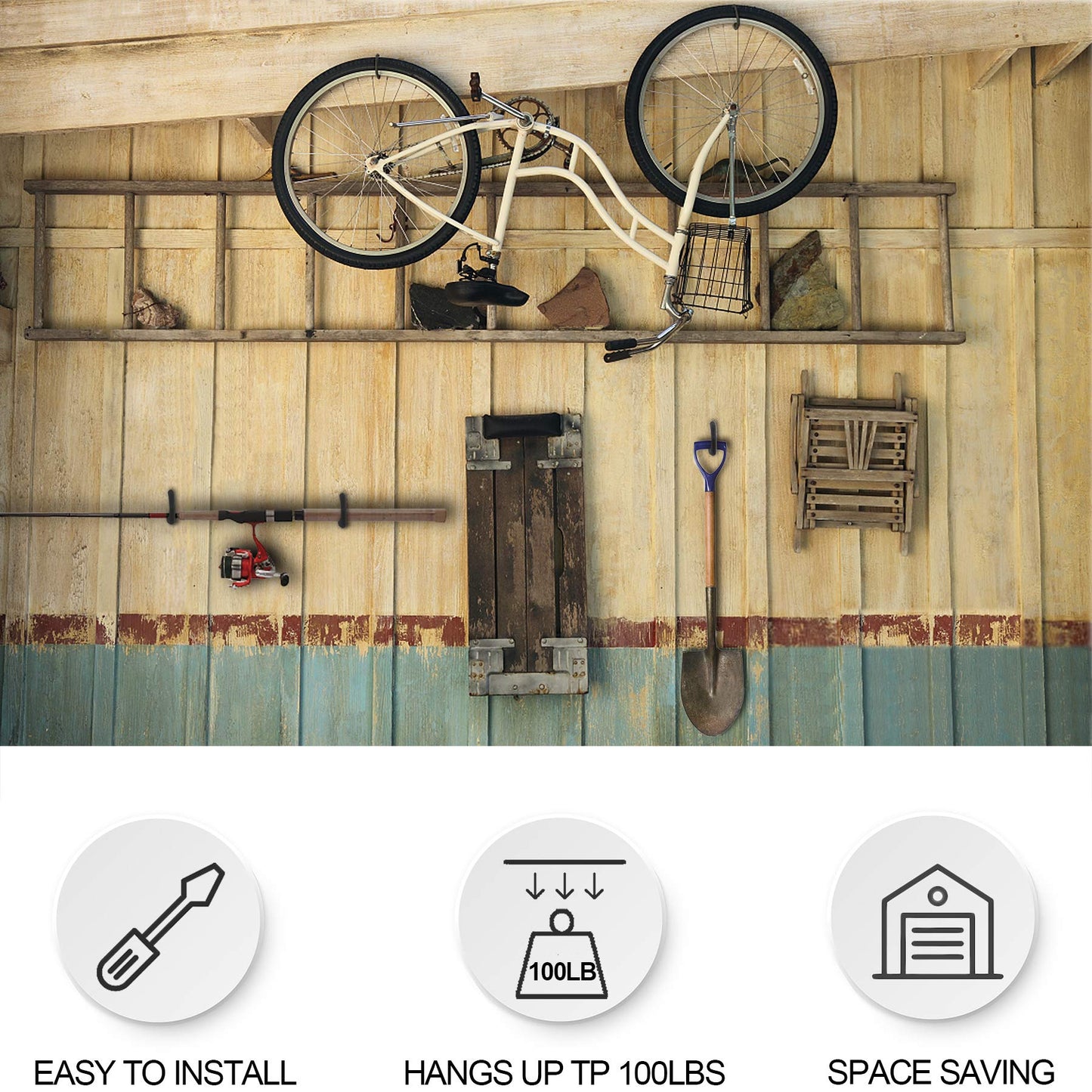 KURUI Large Heavy Duty Screw Hooks for Hanging Plants, Outdoor String Lights, Bike, 8 Pack Ceiling Hooks for Garage Organization and Storage, Black No Drill Wall Hangers
