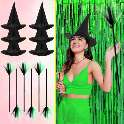 Shyyween 24 Pcs Witch Hats and Princess Crowns with Brooms and Glitter Star Wands Black Wizard Hats Decoration Costumes for Adults Princess Witch Party Supplies Gifts Birthday Dress up Cosplay