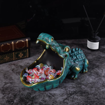 oliruim Alligator Statue Key Bowl, Fun Animal Statue Candy Dish for Entryway Decorative Bowl, Office Candy Dish, Big Mouth Sculpture Home Living Room Trinket Container Storage Box (Green)