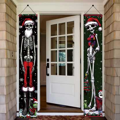 Saoplasa 2PCS Christmas Skeleton Porch Banner Decorations 71 x 12 Inch Holiday Skeleton Couple Front Door Hanging Sign Santa Hat Red Green Outfit Outdoor Wall Decor for Winter Party Yard Entrance