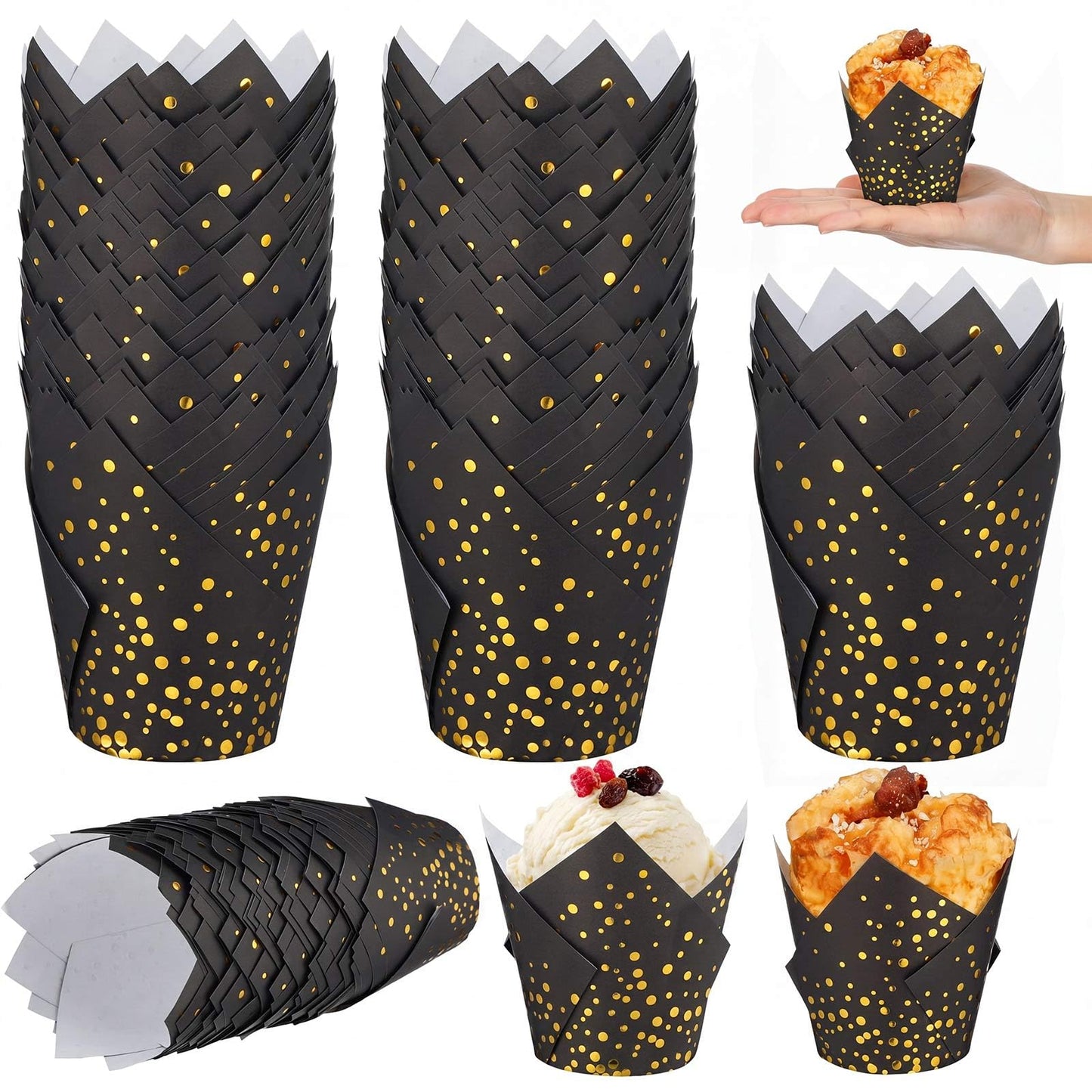 Gerrii 200 Pcs Black Gold Dot Tulip Cupcake Liners Graduation Mini Paper Baking Cups Cupcake Wrappers Muffin Liners for Wedding Tea Party Bridal Baby Shower Decoration