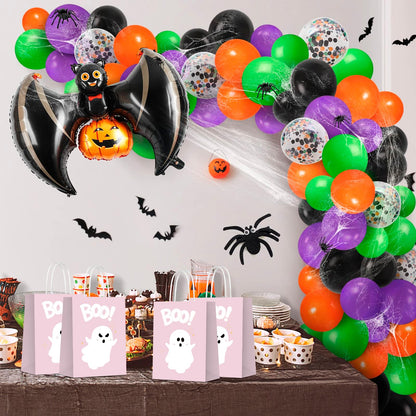 KERINGO 16 PCS Halloween Kraft Paper Gift Bags Pink Ghost Boo Design with Handles for Halloween Themed Trick or Treat Party Favors Supplies
