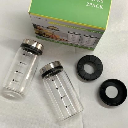 7 oz Salt and Pepper Shaker Set with 304 Stainless Cover Adjustable Outlet Holes Glass Spice Jars Dispenser Seasoning Cans for Kitchen Decor and Home Restaurant BBQ Camping Kitchen Accessories (2Pcs)