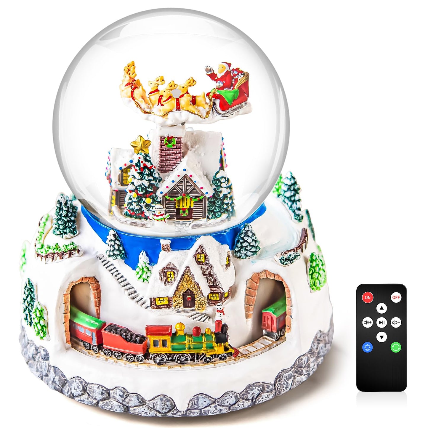 Musical Rotating Santa Claus Flying Over Village,Automatic Snowfall,Train, Christmas Snow Globe Music Box Gifts, for Women Wife Mom Girlfriend Daughter, Xmas Present,Plays 48 Classic Christmas Carols