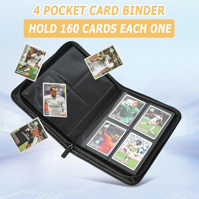 4 Pocket Ringless Side Loading Trading Card Binder, 160 Cards PU Fixed Page Zipper Card Album for TCG Sports Game Cards, Not Fit Top Loaders (Black)