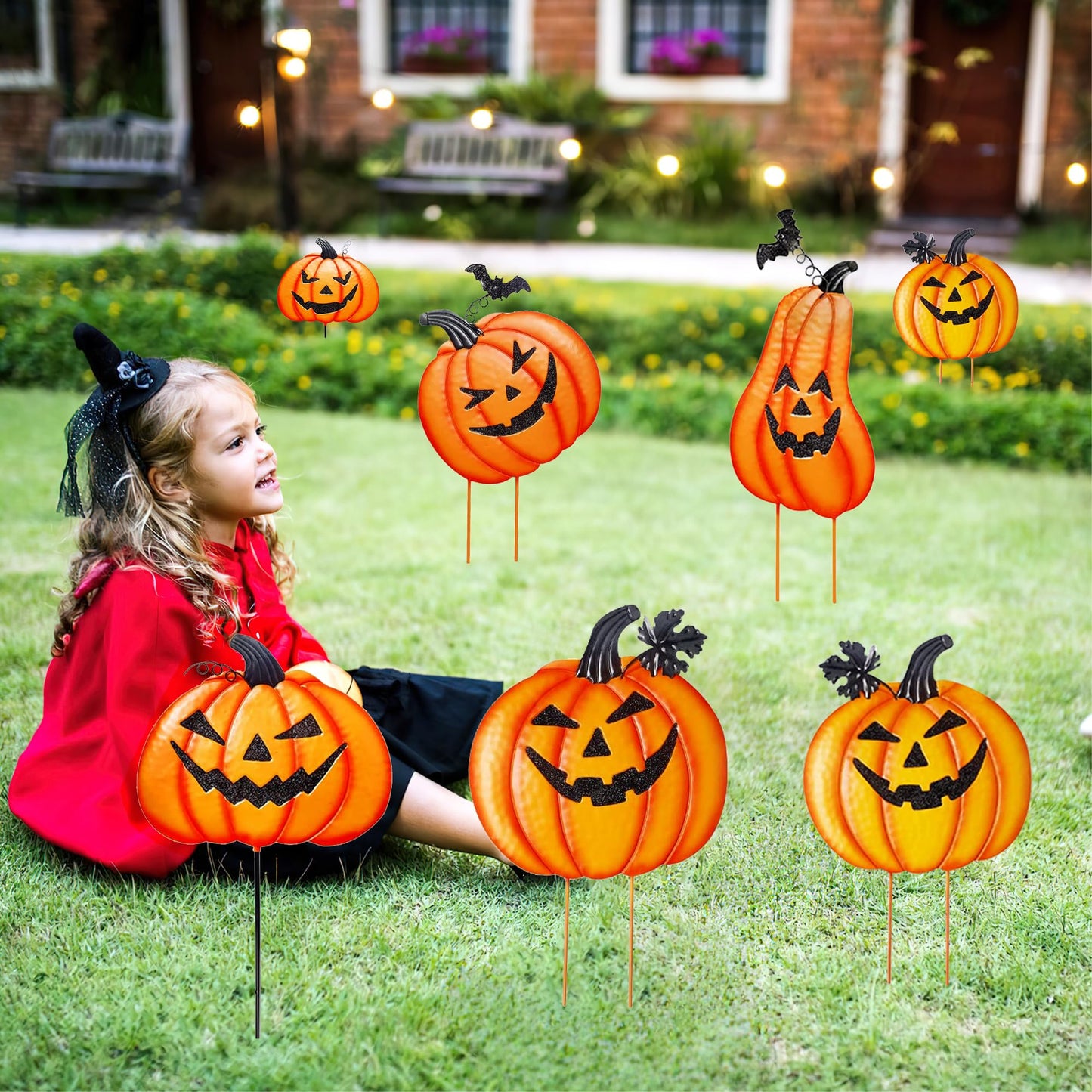 CAMATET Halloween Metal Pumpkin Yard Stakes, Stackable Pumpkin Signs Garden Stake with Witch Door Hanging, Outdoor Halloween Decorations for Lawn Party (Set of 3, Style B)