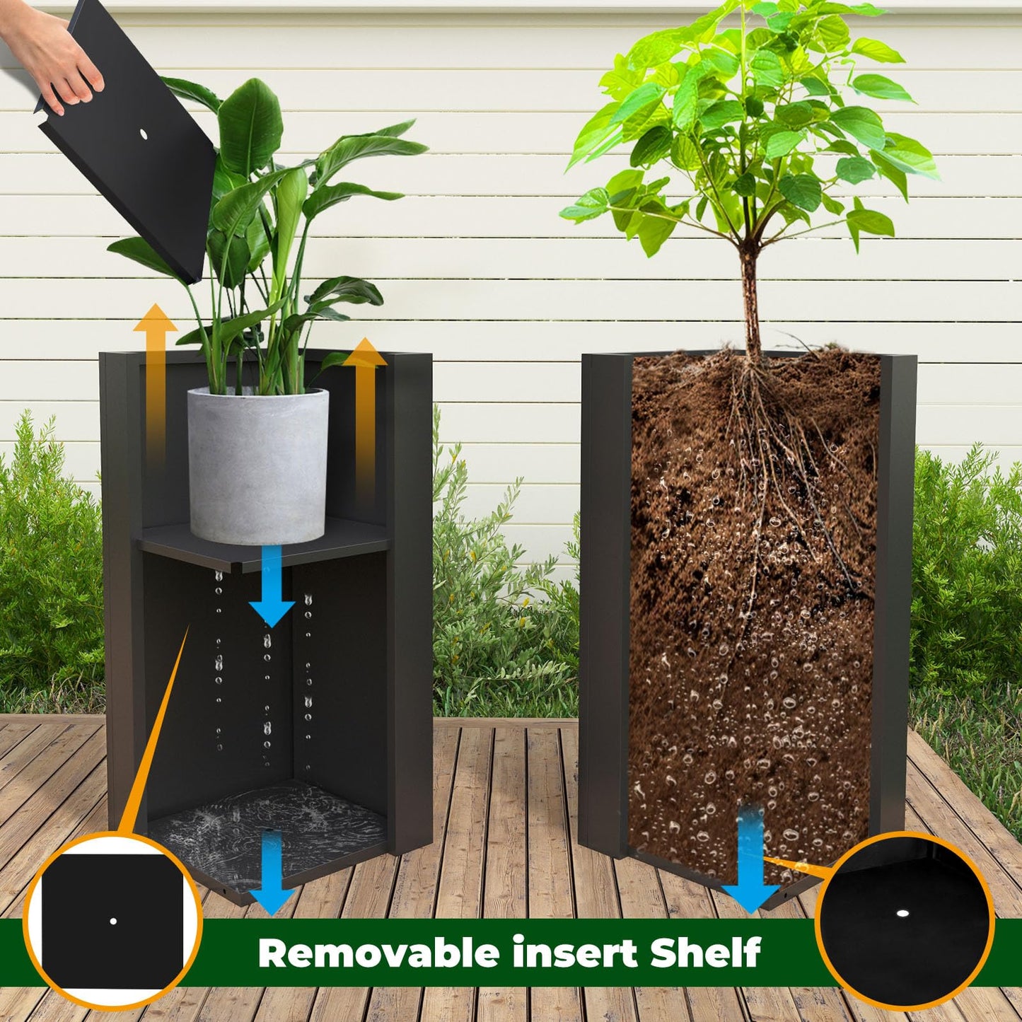 GZLVSOW Metal Planter Box for Outdoor Planter Tall Metal Outdoor Planters Box 14"x14"x30" Steel Spliced Planter with Removable Insert Sherf for Outside,Indoor,Garden (Black, 14 * 14 * 30)