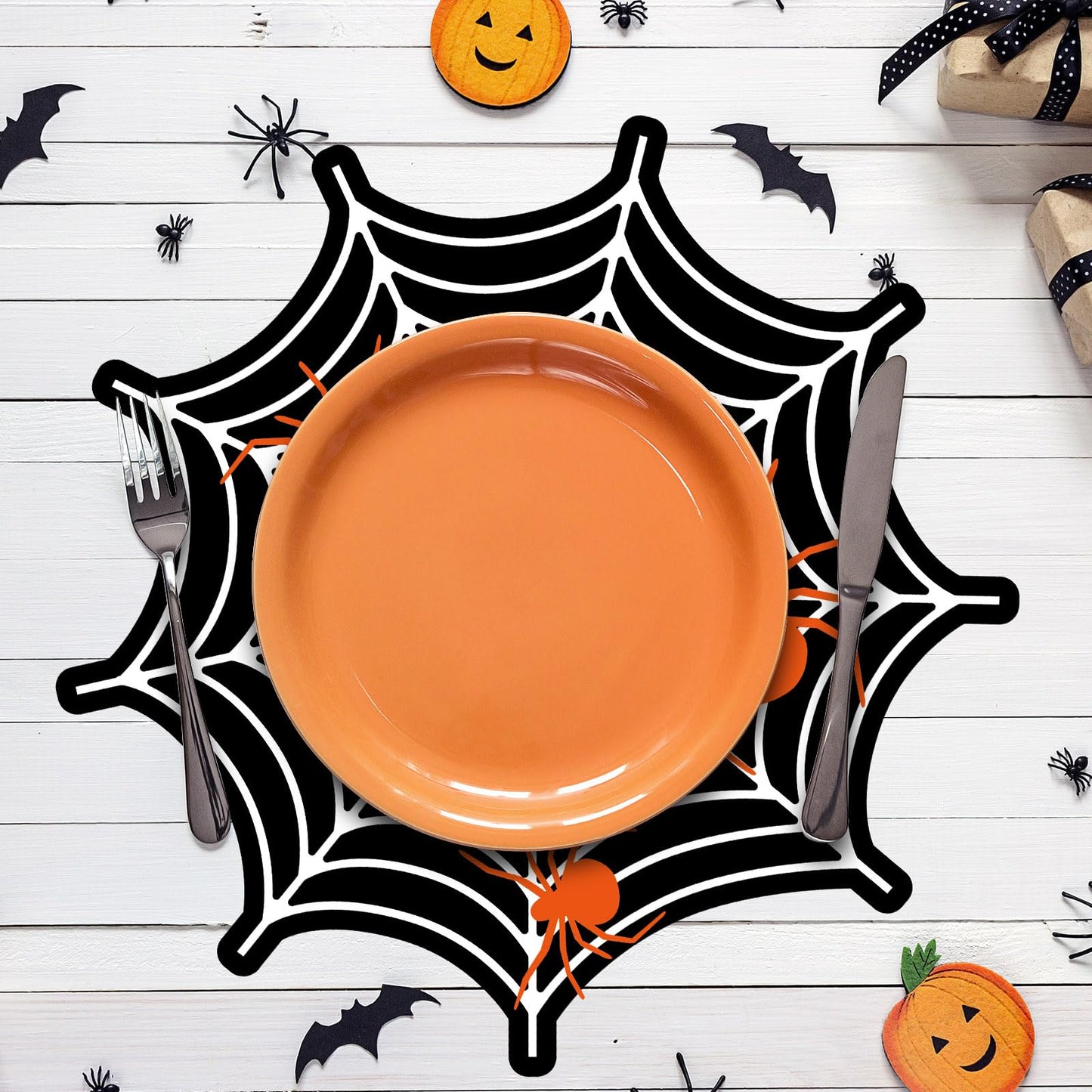 JarThenaAMCS 50Pcs Halloween Paper Placemats Spider Web Dining Table Mats White Black Disposable Place Mats for Home Kitchen Restaurant Trick or Treat Party Decor, 13.4 in