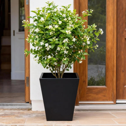DYNAMI Black Tall Planter for Outdoor Plants,16in W Modern Large Planter Pot with Drainage Hole,Metal Square Flower Pot,for Porch,Garden, Patio, Yard (Black, 16 * 16 * 18in)