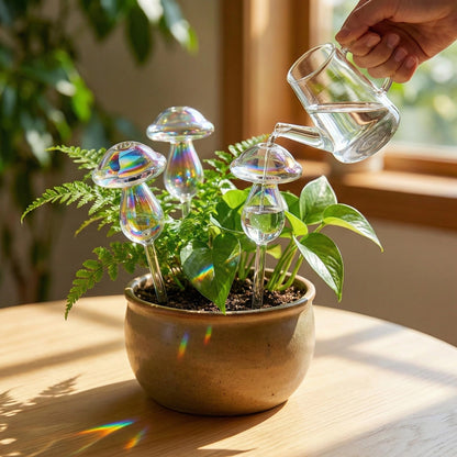 4pcs Plant Watering Globes Self Watering Planter Insert Devices,Glass Watering Bulbs Mushroom Pattern Watering Globes for Indoor Plants Top-Fill Watering Rainbow Colors (Round Automatic Watering Bulb)