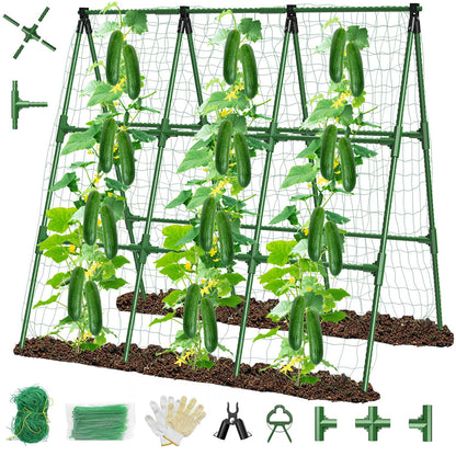51" x 53" Cucumber Trellis for Raised Bed, A-Frame Garden Trellis for Climbing Plants Outdoor, Rust-Proof Metal Support for Tomato, Peas, Beans, Zucchini & Vines, with Netting & Clips
