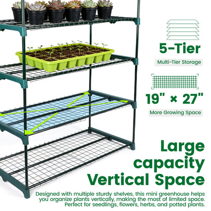 Worth Garden 5 Tier Mini Greenhouse - 75'' H x 27'' L x 19'' W - Sturdy Portable Gardening Shelves with Transparent PVC Cover - Small Porch Green House for Growing Plants Flowers Indoor & Outdoor