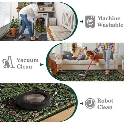 Moynesa Floral Washable 5x7 Rug, Green Area Rugs for Living Room, Non Slip Boho Dining Room Rug Under Table, Botanical Ultra Thin Floor Carpet for Bedroom Home Office, Green