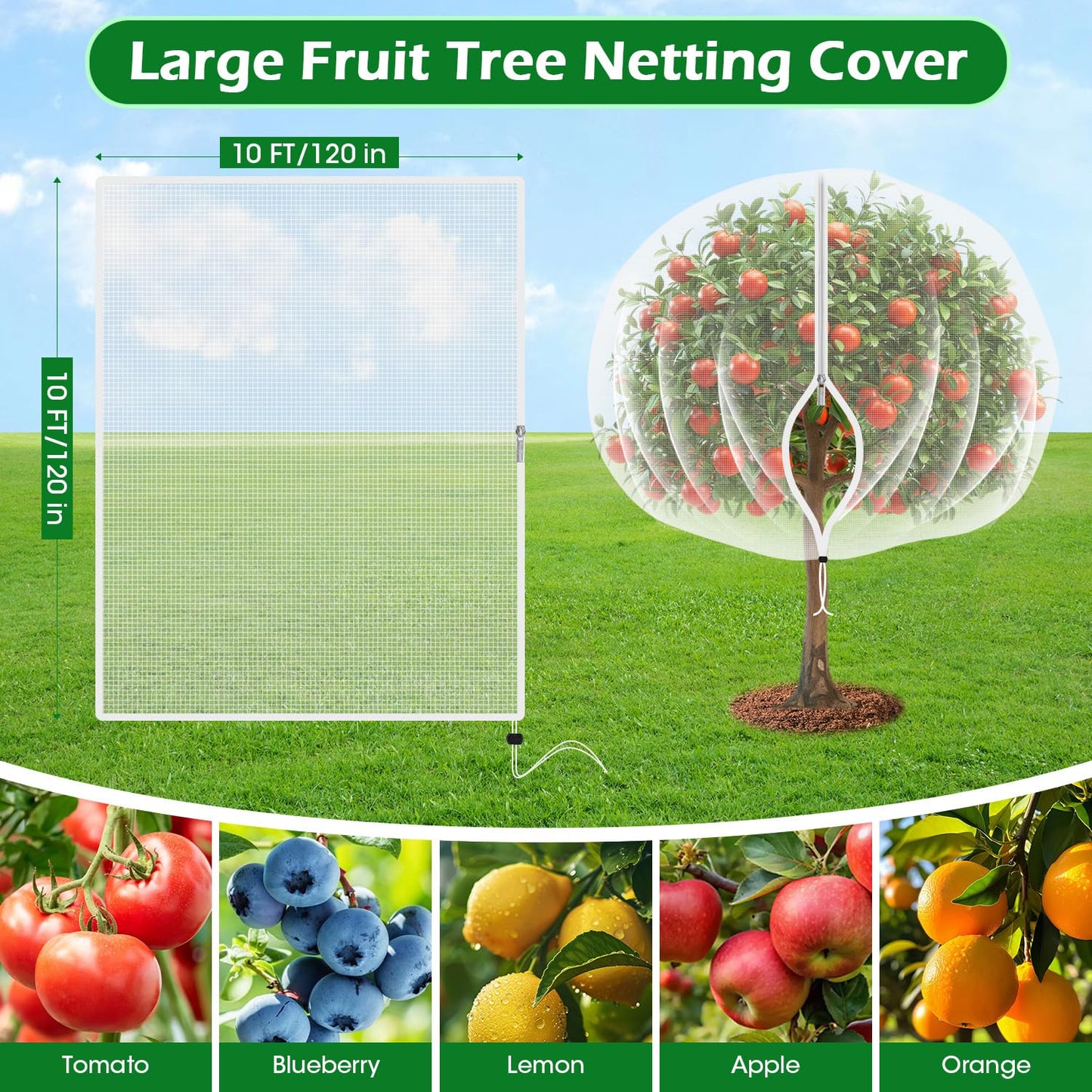 10'x10' Fruit Tree Netting Cover with Zipper and Drawstring, Ultra-Fine Mesh Garden Plant Insect Pest Net Barrier Protection Covers to Prevent Squirrel Bird Deer Cicadas Bag for Blueberry Tomato-2pcs