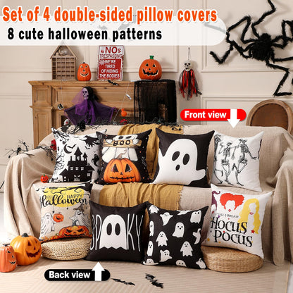 multiwins Halloween Decorations Set of 4 Double-Sided Print Ghost Pillow Covers 16" x 16", with 8 Cute Halloween Decor Patterns, Soft Linen Throw Pillow Covers for Outdoor & Indoor Use