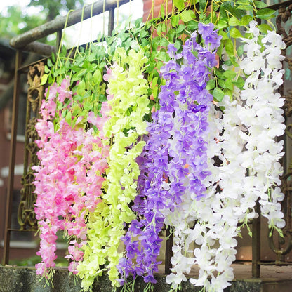 GPARK (36 Branches 12 Pack /45 inch /3.7ft Wisteria Hanging Artificial Flowers Fake Bushy Silk Vine Garland String for Wedding Party Garden Greenery Home Wall Deco Beige+Green+White