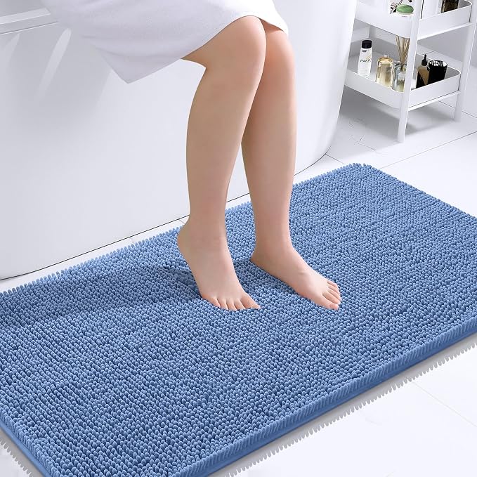 OLANLY Bathroom Runner Rugs 44x24, Soft Absorbent Chenille Bath Rugs, Rubber Backing Quick Dry, Machine Washable Long Bath Mats for Bathroom, Tub and Shower, Home Decor Accessories, Cornflower Blue