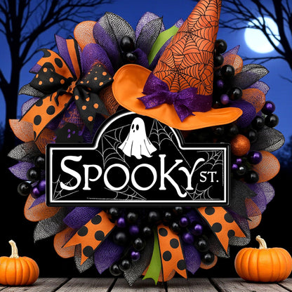 Craig Bachman "Spooky Street" Halloween Sign with Ghosts and Spiders, 15"L x 8"H, Black, White, Embossed Metal - For Wreath Accents, Crafts, and Decorations