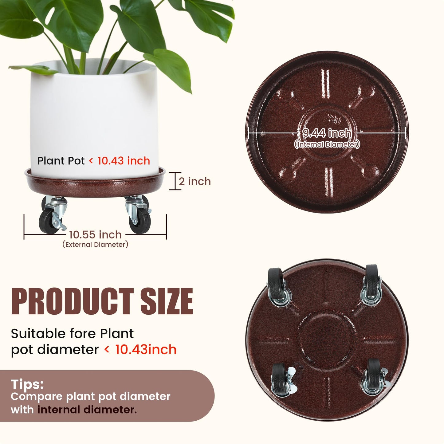 OBMMIRAO 10 Inch Plant Caddy with Wheels Heavy Duty, 240 lbs Capacity, 4 Swivel Casters (2 Locking), Steel Rolling Plant Stand, High-Strength Rust-Proof Steel