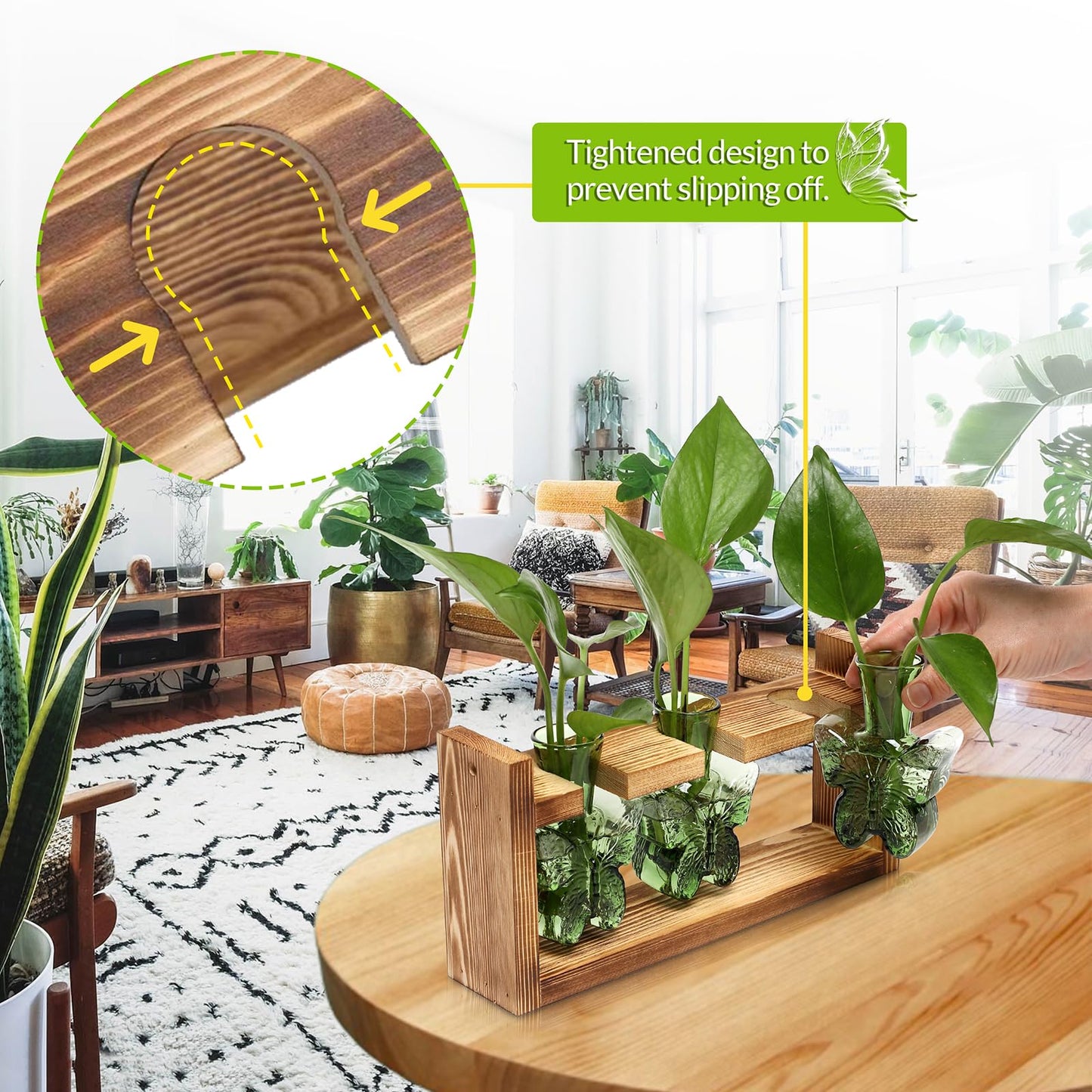 Glass Plant Propagation Station Butterfly Planter Vase with Wooden Stand Birthday Gifts for Women Mom Plant Lovers Office Home Decoration