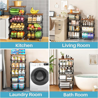 5 Tier Vegetable Fruit Basket for Kitchen, Stackable Metal Fruit and Vegetable Storage Baskets with Rolling Wheels Cart, Pantry organizers and storage for Kitchen Bathroom Livingroom Laundry room Cart