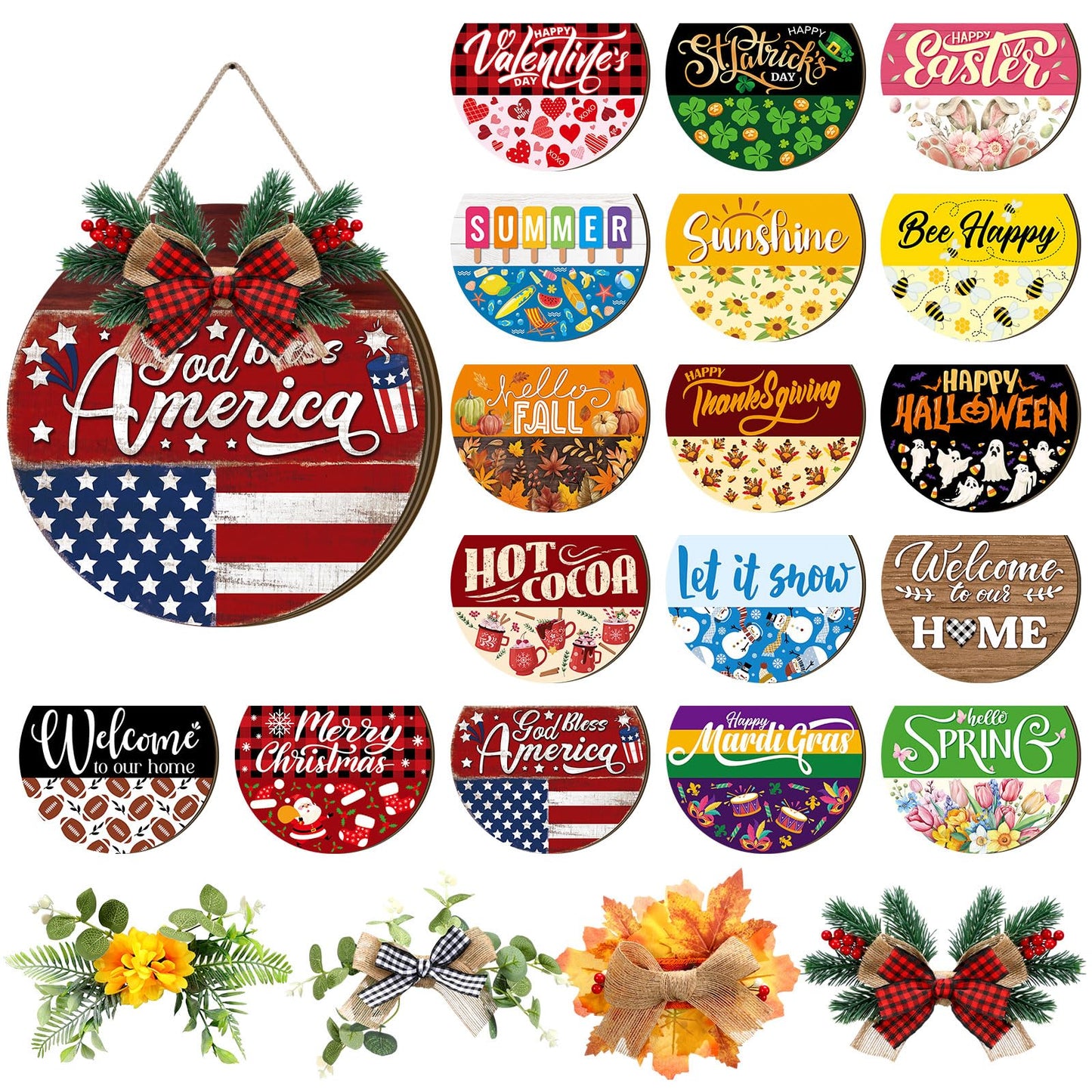 Vicenpal 22 Pcs Interchangeable Welcome Sign for Front Door with 17 Magnetic Icon Wooden Seasonal Front Porch Door Decor with 4 Seasonal Wreath for Holiday Halloween Christmas Gift(Dark Brown,Novel)