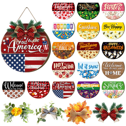 Vicenpal 22 Pcs Interchangeable Welcome Sign for Front Door with 17 Magnetic Icon Wooden Seasonal Front Porch Door Decor with 4 Seasonal Wreath for Holiday Halloween Christmas Gift(Dark Brown,Novel)
