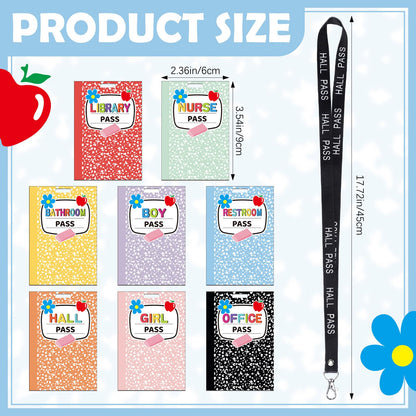 Fuyoooo 16 Set Colorful Composition Notebook Hall Pass Lanyards Unbreakable PVC Rainbow Classroom Passes with Lanyards Bathroom Boy Girl Library Hall Office Nurse Pass 2.4 x 3.5