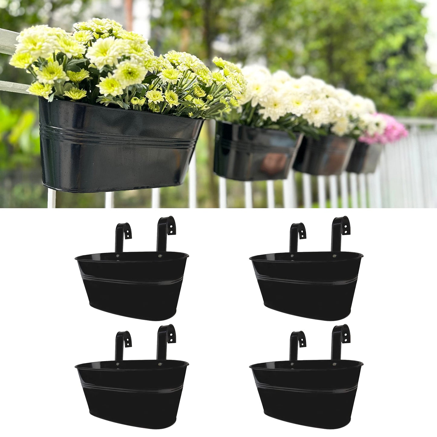 LaLaGreen Outdoor Rail Planter for Balcony (4 Pack, 9.8 Inch) Small and Cute Black Metal Iron Fence Hanging Flower Pots Deck Railings Buckets Boho Style Window Box Plant Holder Hooks Porch Decor