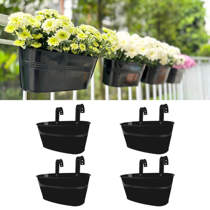 LaLaGreen Outdoor Rail Planter for Balcony (4 Pack, 9.8 Inch) Small and Cute Black Metal Iron Fence Hanging Flower Pots Deck Railings Buckets Boho Style Window Box Plant Holder Hooks Porch Decor