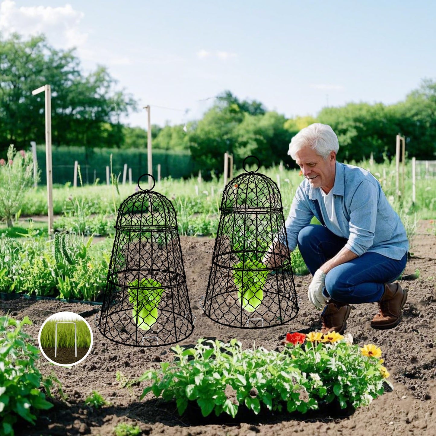 6 PCS 17.7"H X11.42"D Chicken Wire Plant Covers Protectors, Rustproof Heavy Duty Metal Plant Cage with Stakes & Labels, Modular Garden Cloches Design for Seedling Flower Vegetable Protect from Animals