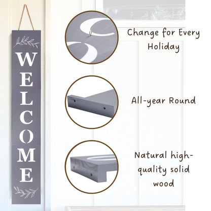 Perfnique Interchangeable Welcome sign for front porch standing, 47 x 7.9 Inch Black Wooden Leaner Sign with 10 Interchangeable Designed Icons, Morden Farmhouse Rustic Seasonal Decor for Spring Easter