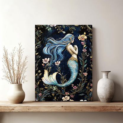 Mermaid Wall Art, Floral Pictures Wall Decor, Retro Mermaid Canvas Prints Painting, Framed Artwork for Bathroom Bedroom Living Room Girl's Room Office Home Decoration 12x16