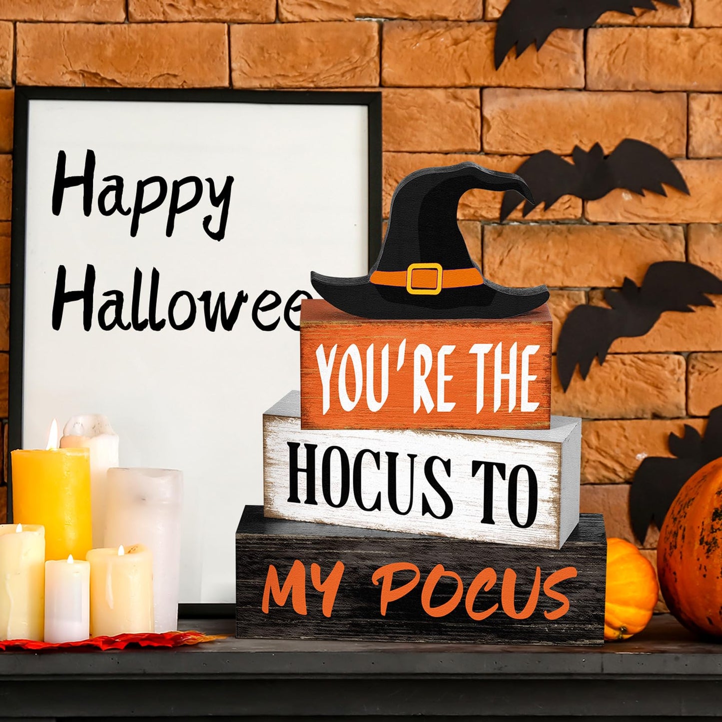 Yuntau 4 Pcs Halloween Hocus Pocus Table Decor Witch Hat Wooden Signs Distressed You're the Hocus to My Pocus Tabletop Centerpieces Witch Tiered Tray Decor Rustic Halloween Decorations for Home Desk