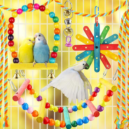 QUOZUO 8 pcs Bird Toys for Parakeets with Colorful Ladder Hammock Bird Cage Accessories Bird Perch Stand Chewing Toys Hanging Bell Parrot