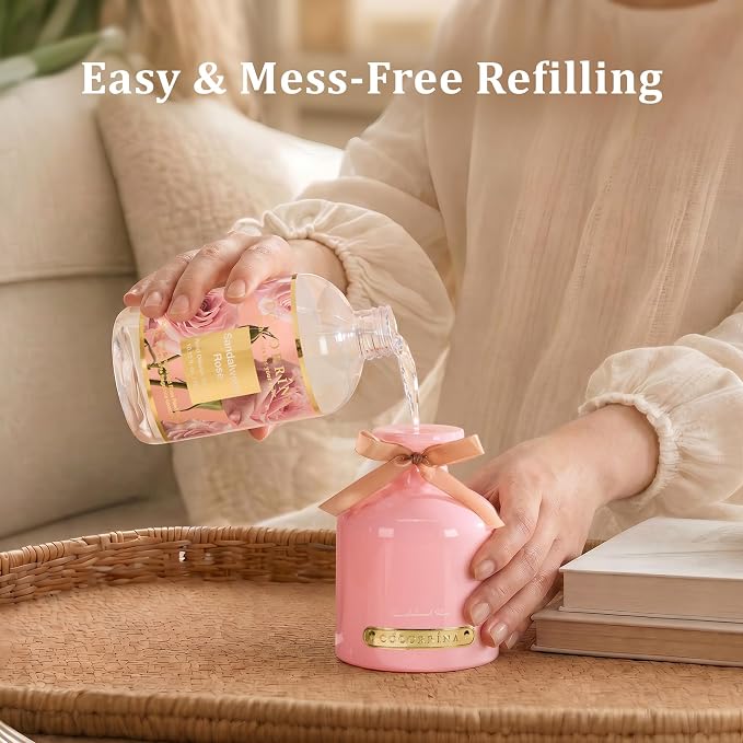 Cocorrína Reed Diffuser Refill Sandalwood Rose 10.2oz (300ml) with 8 Sticks - Premium Long-Lasting Floral Essential Oil, Home Fragrance for Bedroom, Bathroom Home Decor