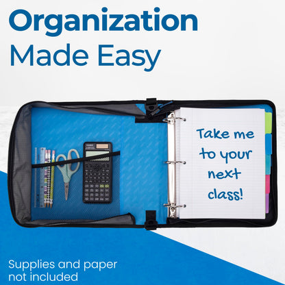Case-it Classic Zipper Binder | 2-Inch O-Rings, 350 Sheet Capacity, Multiple Storage Pockets & Shoulder Strap | School & Office Organizer | D-251 Denim Blue
