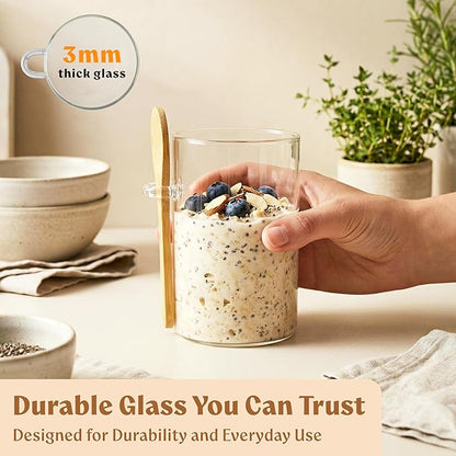 Overnight Oats Containers with Lids, Labels & Spoons (4 x 16oz) Glass Jars for Oatmeal, Meal Prep, Food Storage | Leak-Proof Mason Jars for Oats, Cereal, Yogurt, Chia Pudding [Thicker Glass 3mm]
