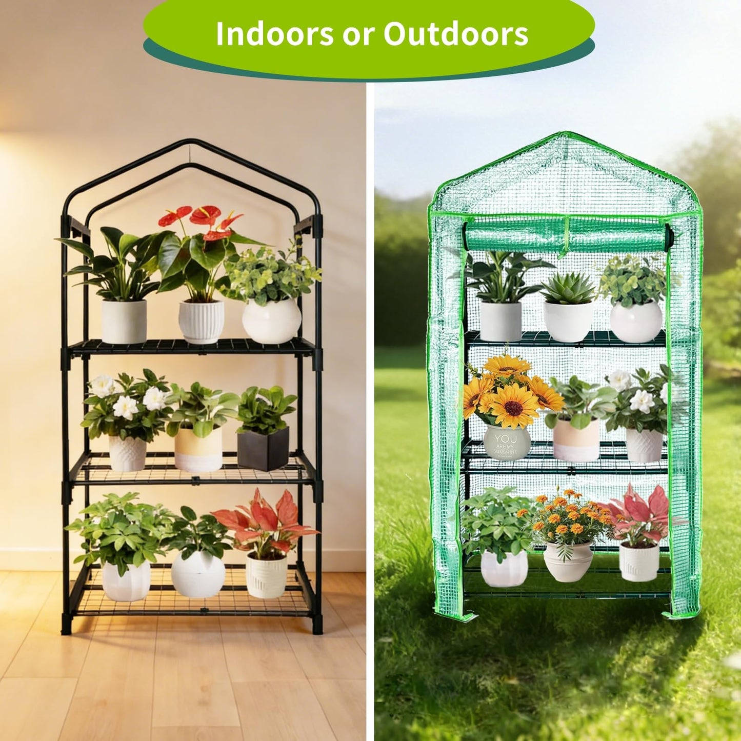 GreenGiggle 3 Tier Mini Indoor Greenhouse,27"x19"x49" Greenhouse for Indoors&greenhouses for Outdoors with PE Cover and Roll-Up Zipper Door