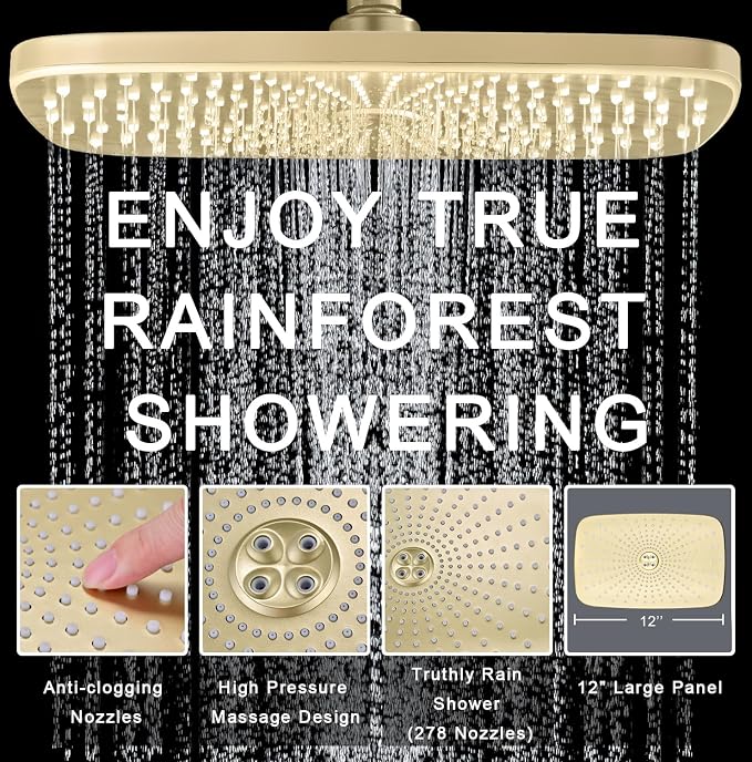 BOZYBO Rain Shower Head with Handheld: High Pressure Shower Heads with Handheld Spray Combo, 12" Rainfall Shower Head and 9 Sprays Hand Showerheads with Magnetic Docking and Power Jets, Gold 1.75GPM